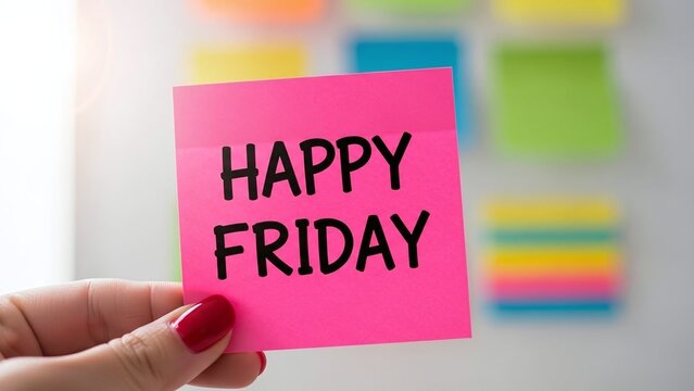 A hand with red nail polish holding a bright pink sticky note with "HAPPY FRIDAY" written on it, with blurred colorful notes in the background. - Powered by Adobe