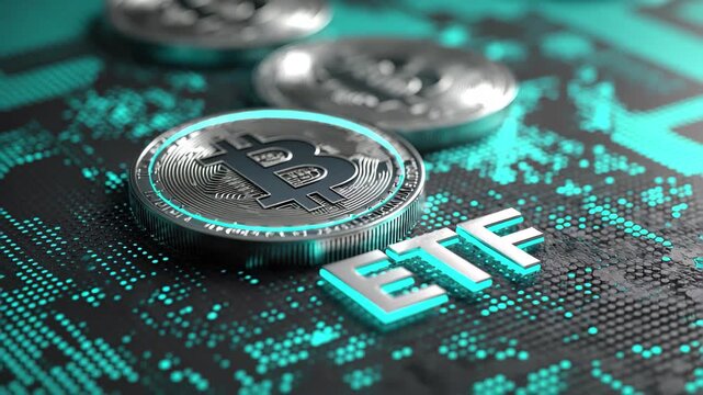 Bitcoin and ETF text with glowing circuit board background cryptocurrency digital currency