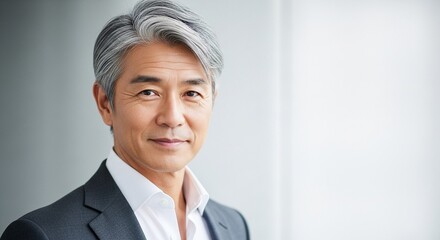 グレイヘアが似合う50代日本人男性ビジネスマンのクローズアップ
