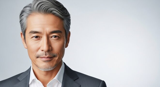 グレイヘアが似合う50代日本人男性ビジネスマンのクローズアップ
