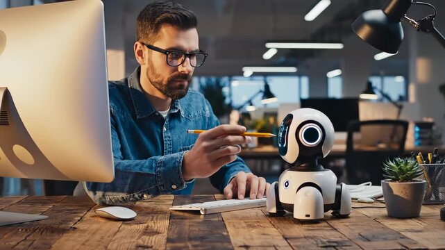 Man engineer programs robot companion at desk for artificial intelligence development. Engineer works with robot assistant for robotics innovation and technology research. Man programs robot at desk i