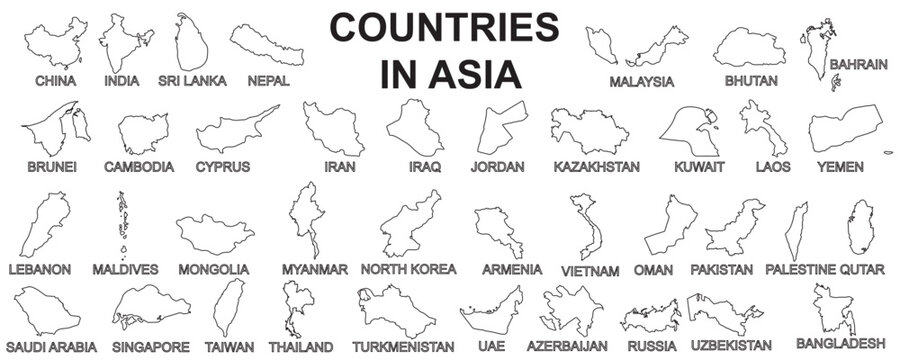 Vector outline map collection of Asia countries in black line style. Perfect for Asia geography infographics, educational materials, and presentations featuring Asia political boundaries and borders