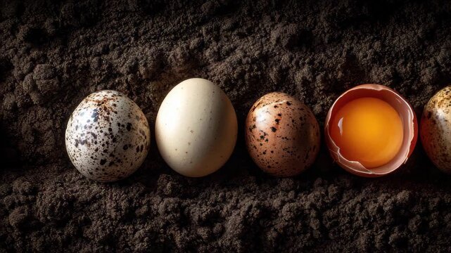 Assortment Of Bird Eggs Including One Cracked Open With Yolk quail chicken