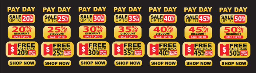 Payday Sale Badges Vector Set - 20, 25, 30, 35, 40, 45, 50 Percent Off Gold Red Discount Labels