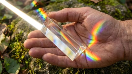 Hand Holding Crystal Prism Creating Rainbow Effects.
