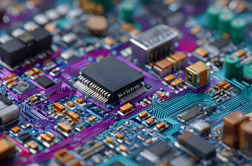Obraz premium Close up vibrant circuit board with processor chip and intricate electronic components