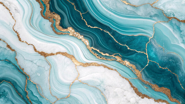 Abstract marble texture with turquoise blue swirls, cloudy white veins, and shimmering bronze-gold cracks creating a luxurious fluid stone pattern