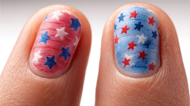 Close-up of two fingers, patriotic nail art