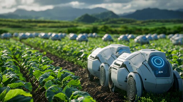 Futuristic farming bots in symmetrical crop layout