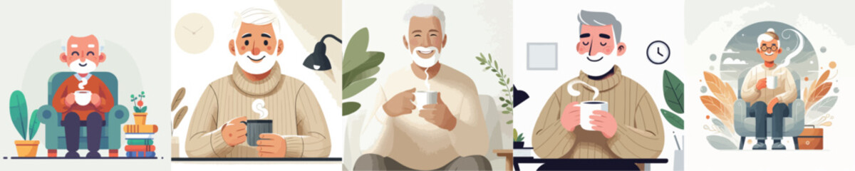  vector grandfather drinking coffee white background