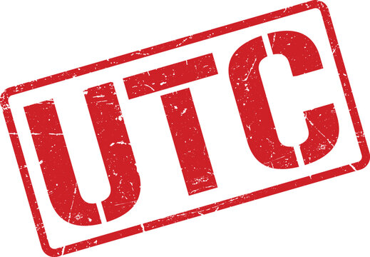 Red Distressed Rubber Stamp Showing the Letters UTC on White Background, Angled View