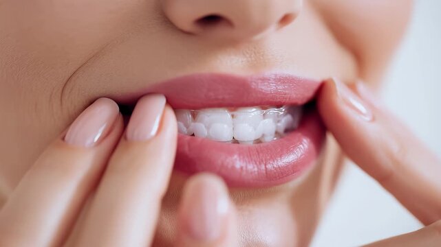 Woman's Close Up of Teeth with Clear Aligners and Pink Manicured Nails dental orthodontics