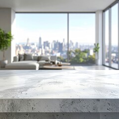 Modern apartment interior, city view, light gray countertop