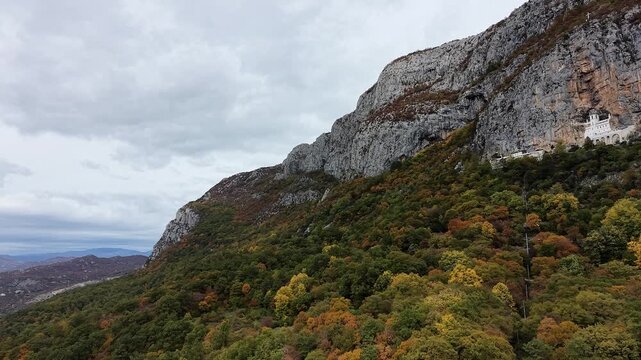 Drone footage flying over Ostrog Monastery in Montenegro