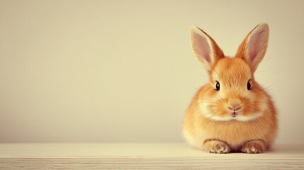Cute fluffy Easter bunny sitting on a light background, perfect for holiday greetings and festive advertising.