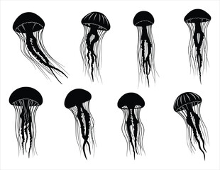  silhouette of a collection of black jellyfish silhouettes © owen
