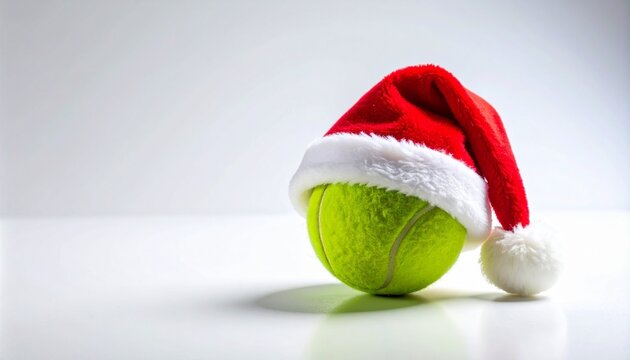 Tennis ball with Santa hat on white surface.