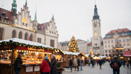 Obraz premium Blurry image and Bokeh Christmas market at old town hall square festive holiday bazaar seasonal celebration venue winter shopping event historical architecture backdrop defocused market stalls