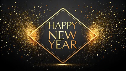 Happy new year greeting card with golden glitter frame and confetti on black background