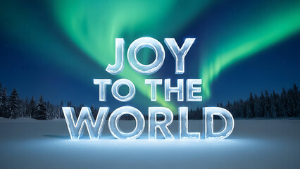 Joy to the World ice text in snowy winter landscape under northern lights