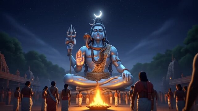 Maha Shivaratri, focus on the majestic statue of Lord Shiva with trishula in hand, surrounded by pilgrims bringing offerings like fruits and flowers
