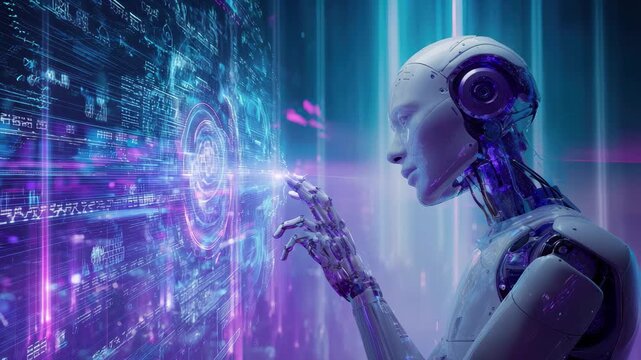 Futuristic robot interacts with glowing digital data interface in a neon-lit environment android artificial intelligence