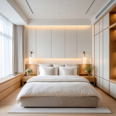 modern minimalist bedroom interior with soft lighting