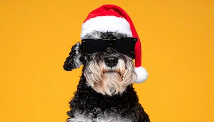 Stylish black dog in Santa hat and sunglasses against bright orange background.
