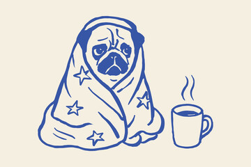 Pug dog in blanket with hot mug doodle vector illustration