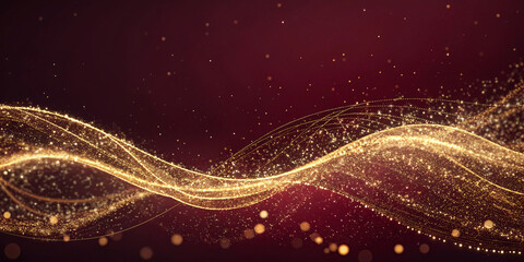 Golden particle waves flowing across deep burgundy background, elegant Christmas shimmer, premium luxury style, smooth space for typography