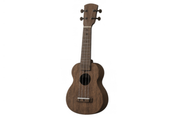 Ukulele, wooden hawaiian acoustic string instrument, standing on transparent background, conveying music and relaxation theme