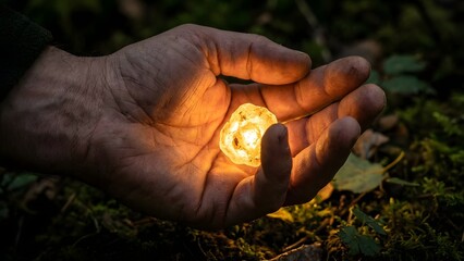 Hand Holding Small Glowing Light Source in Nature.