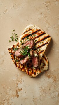 Grilled Icelandic Flatkaka with butter and smoked lamb slices, dish from Iceland on beige backdrop, food photo, template for social media, digital ads, web banner, mobile wallpapers, greetings card
