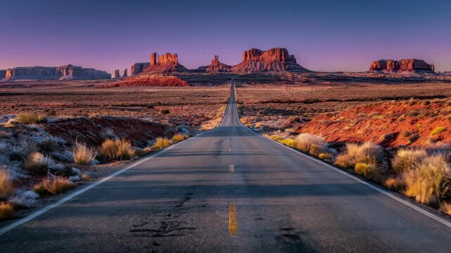 Endless desert highway leading to iconic rock formations at sunset road landscape