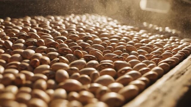 Close-up view of numerous brown eggs arranged in a carton tray with warm lighting.