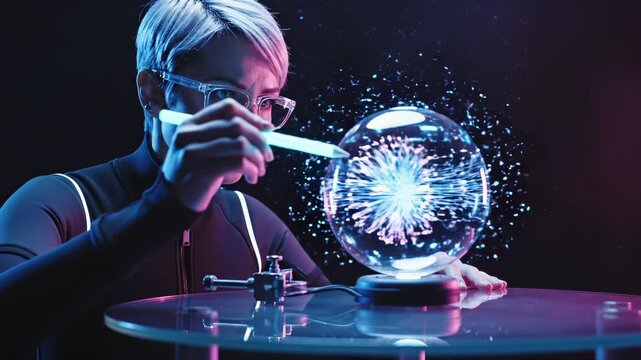 Scientist studies plasma ball with pen in laboratory. Woman researcher examines electric sphere at desk. Futuristic science experiment with plasma globe. Scientist analyzes electric display.