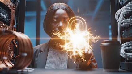 Cybersecurity specialist touches holographic padlock icon in server room for network security. Female engineer interacts with hologram lock for cyber security and data protection in datacenter with se - Powered by Adobe