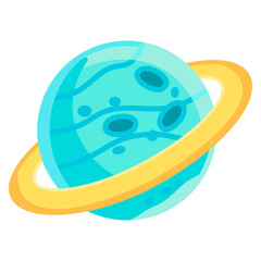 A stylized turquoise planet with a golden ring, showcasing its gaseous atmosphere and celestial body, perfect for cosmic themes