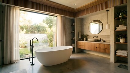 Modern Bathroom Interior with Freestanding Bathtub and Wooden Vanity.