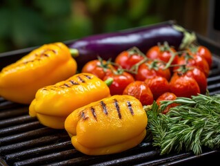 Grilled vegetables yellow peppers tomatoes eggplant and rosemary on a grill