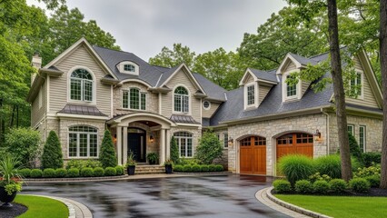 Luxurious suburban mansion with manicured landscaping and a circular driveway perfect for real estate listings or architectural concepts