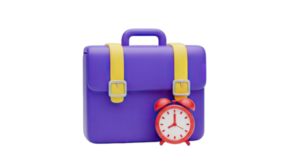 Vibrant Purple Briefcase With Bright Yellow Straps Paired With A Classic Red Alarm Clock Isolated On A Transparent Background A Modern 3D Render