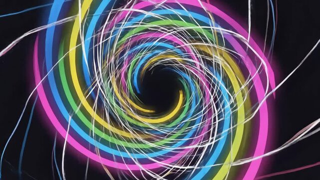 Dynamic neon spiral light motion video featuring colorful swirling patterns and glowing effects, perfect for vibrant digital displays and energetic creative projects.