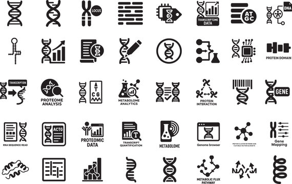 Bioinformatic icon set in flat style with genome, DNA, RNA, protein, and gene symbols.