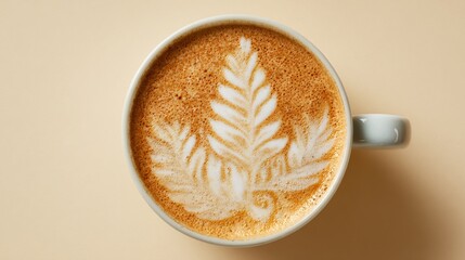 Christmas latte with microfoam art on pale cream backdrop, overhead lighting and wide copy area