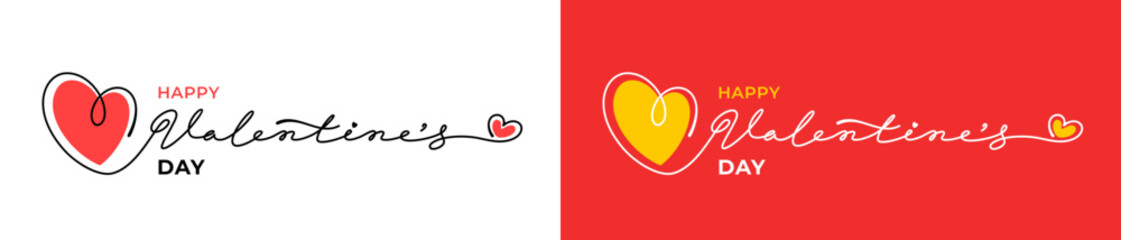 Happy Valentines Day card template with hand drawn calligraphy lettering by continuous line art drawing and heart. Minimalist Happy Valentines Day greeting text design. Vector illustration