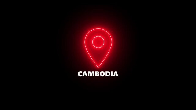 Red Neon Location Pin Icon with Cambodia Text on Black Background image photo