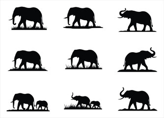 silhouette of collection of nine black elephant silhouettes