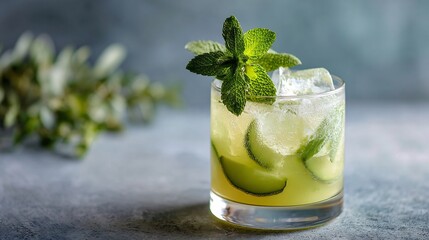 Holiday herbal mocktail in clear glass on matte olive, airy light and crisp spacing
