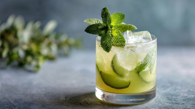 Holiday herbal mocktail in clear glass on matte olive, airy light and crisp spacing